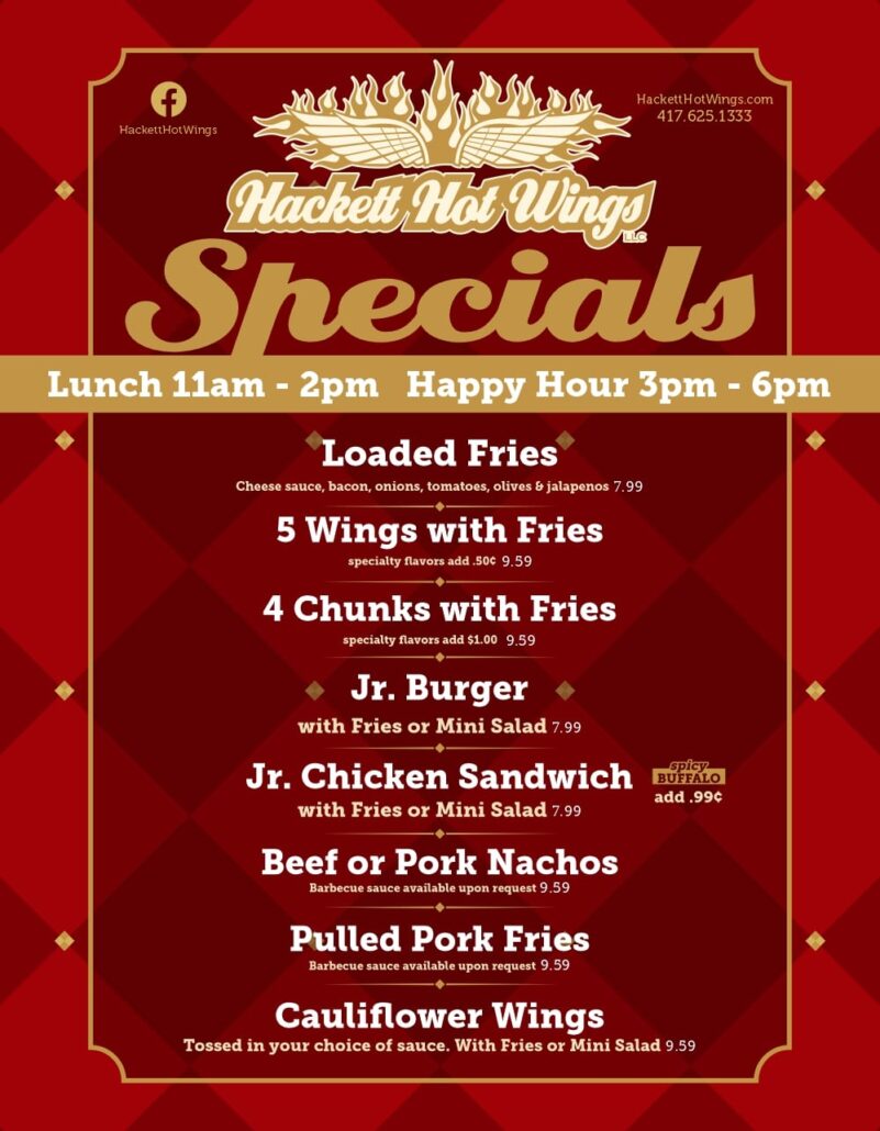 Menu Hackett Hot Wings Joplin, MO Restaurant & Sports Room